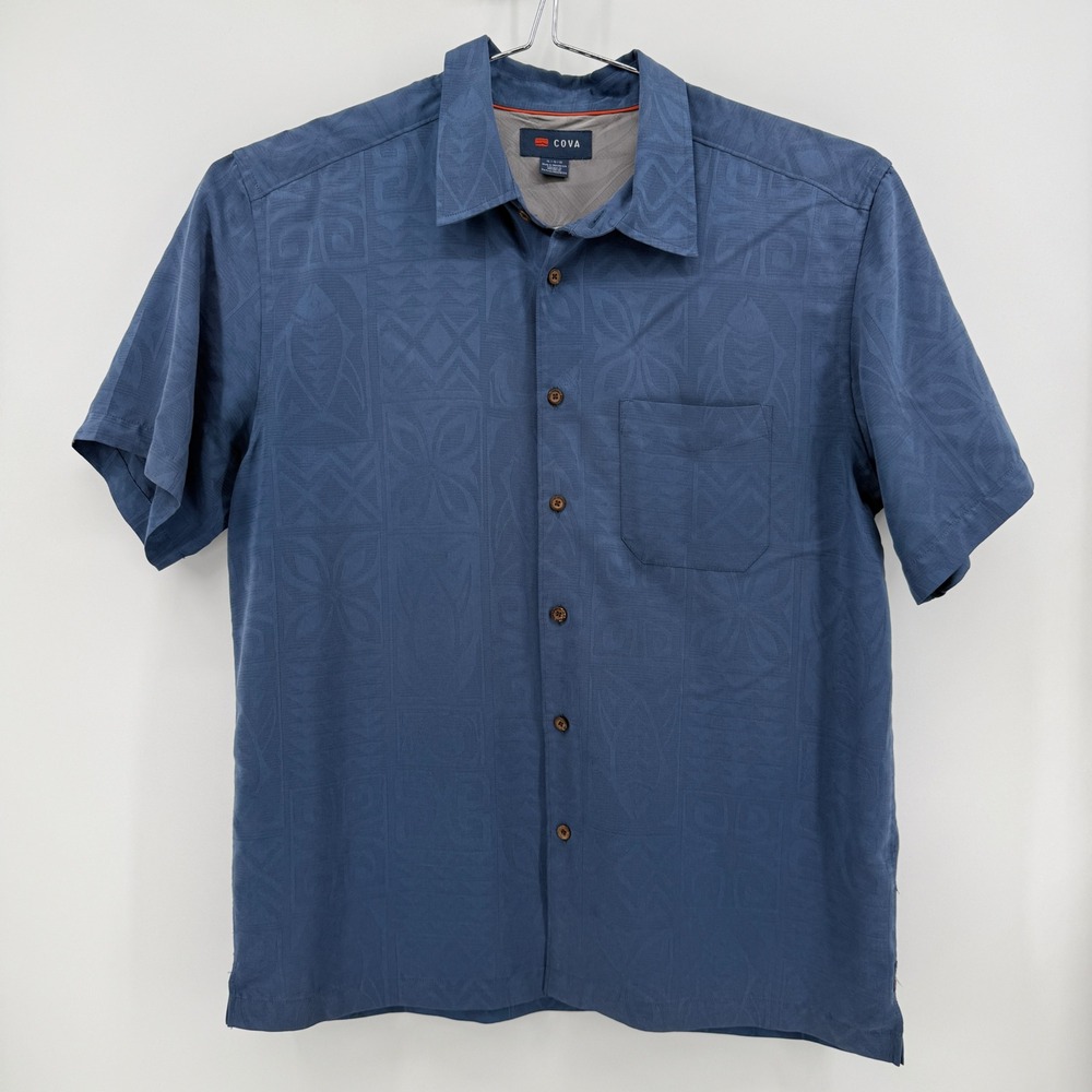 Cova Button Front Mens XL Blue Tonal Jacquard Polynosic Blend Short Sleeve Shirt